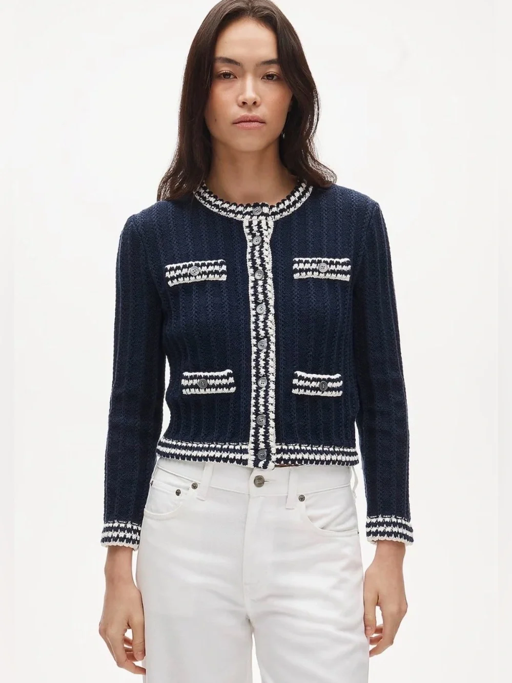 J.Crew Crochet Lady Jacket Cardigan Navy Ivory Cotton Pointelle Sweater M